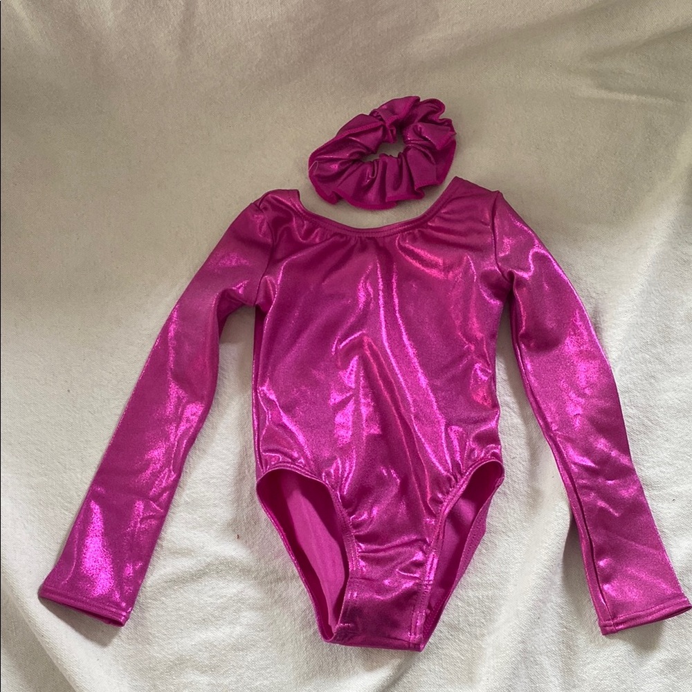 Balera Shimmering Pink long sleeve dance bodysuit leotard with Scrunchie